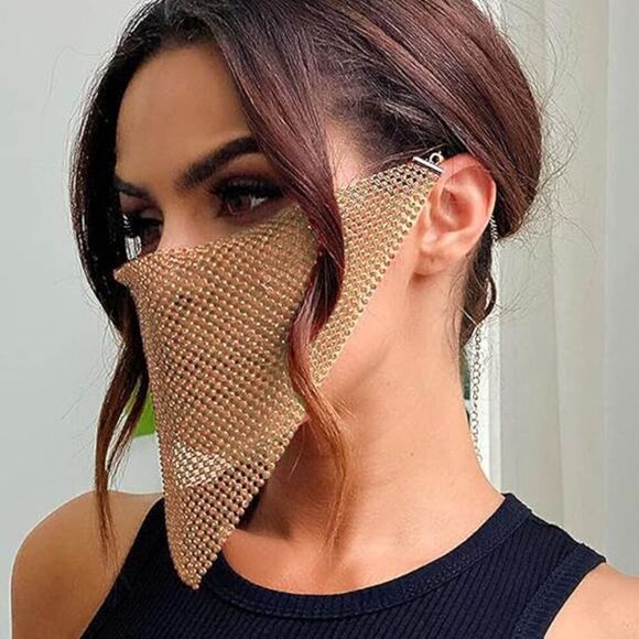 Women's Sparkly Crystal Face Mask Bling Rhinestone Mask Nightclub Mouth Covered - Picture 3 of 7